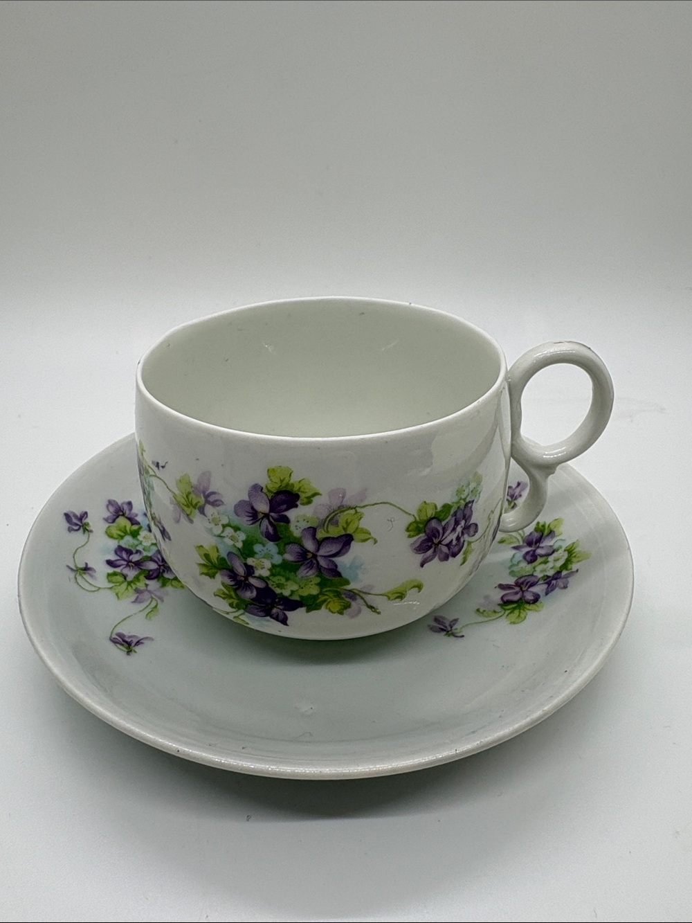 Vintage White Tea Cup and Saucer with Purple and Green Floral Pattern. AUSTRIA